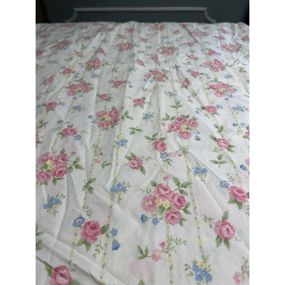 Pottery Barn White Pink Rose Floral Twin Flat Sheet